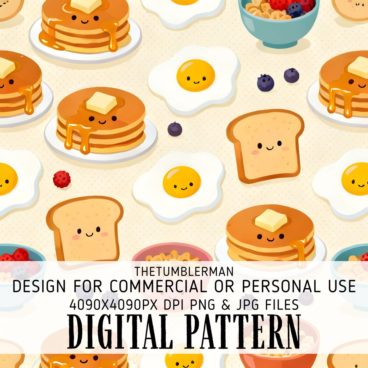 Digital Breakfast Pattern, Pancakes, Eggs, Toast, Cereal, Kawaii Food, Digital Bundle, Seamless Pattern, Digital Paper, Clipart, Commercial