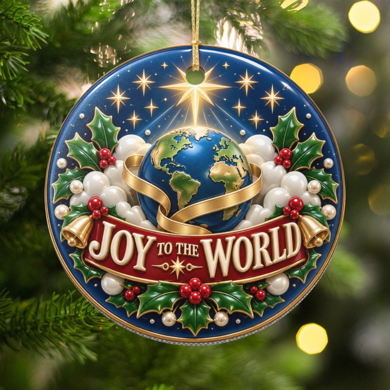 Joy to the World Ornament, Christian Christmas Tree Decor, Religious Holiday Keepsake, Bethlehem Star Earth Globe Faith Gift for Family