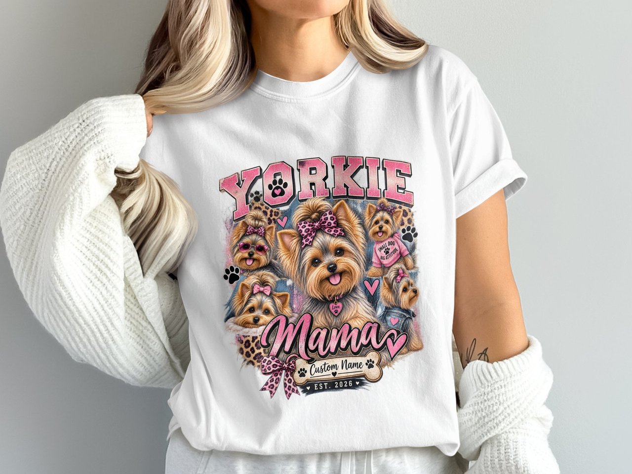 Yorkie Mama PNG Sublimation Design, Pink Leopard