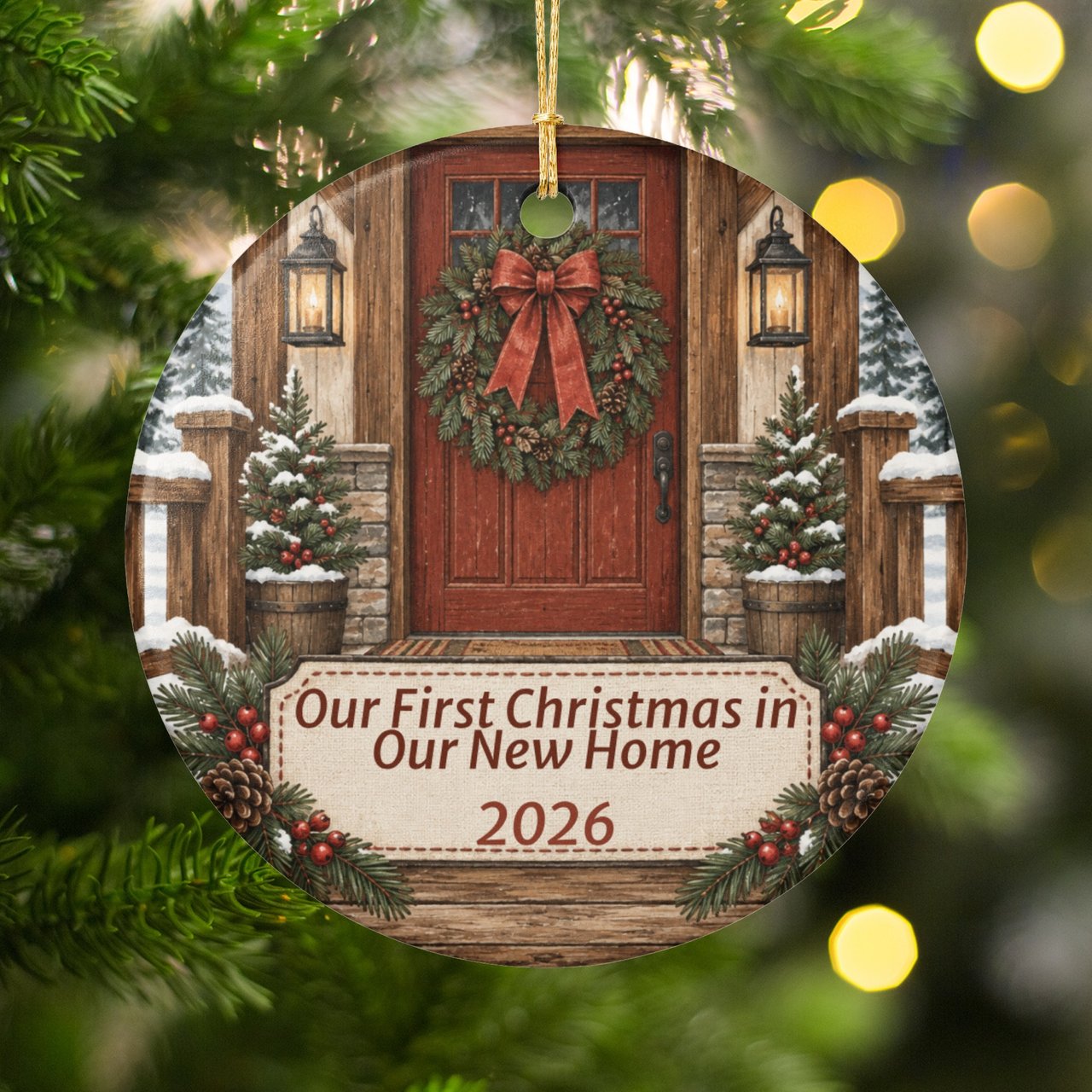 First Christmas New Home Ornament 2026, Rustic Cabin Front Porch Keepsake, Holiday Housewarming Gift, Cozy Farmhouse Tree Decor