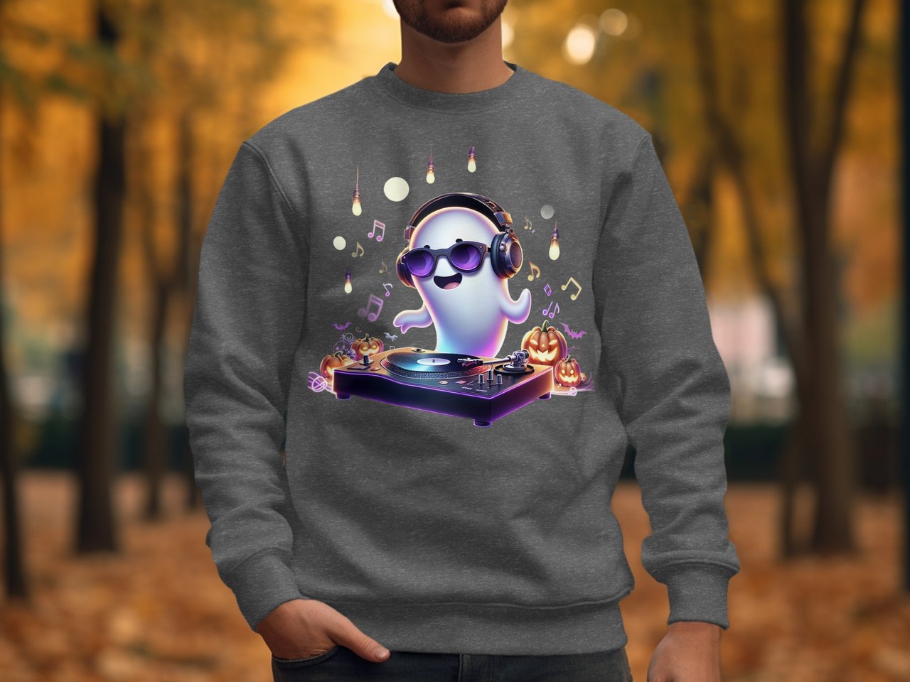 DJ Ghost T-Shirt, Halloween Party Tee, Spooky Season Music, Cute Ghost with Headphones, Turntable, Halloween Pumpkins T Shirt