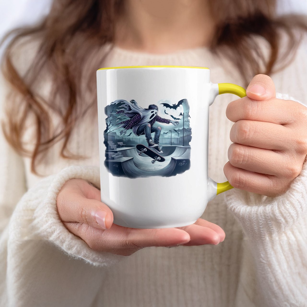Halloween Mug, Ghost Skateboarder, Skate Park Mug, Spooky Halloween Mug, Bats Full Moon Mug, Halloween Gift Idea, Ghostly Rider Mug