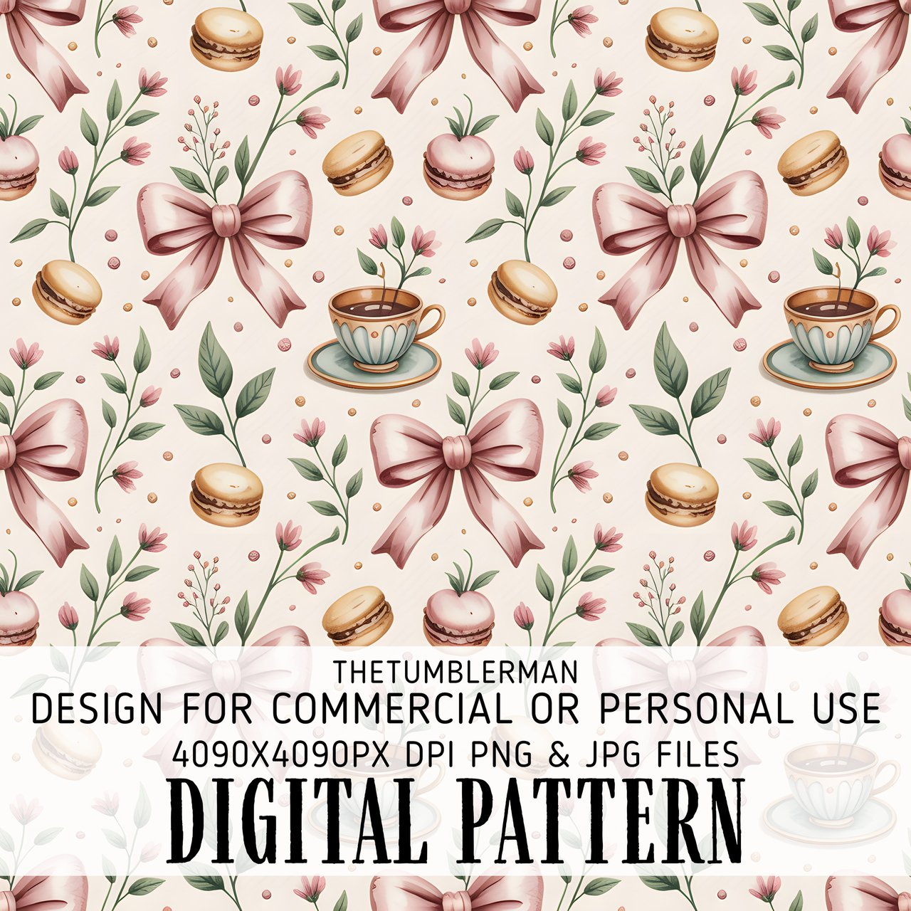 Digital Pattern, Digital Bundle, Macarons, Bows, Tea Cup, Floral, Seamless Pattern, Digital Paper, Scrapbooking, Fabric Design, Commercial