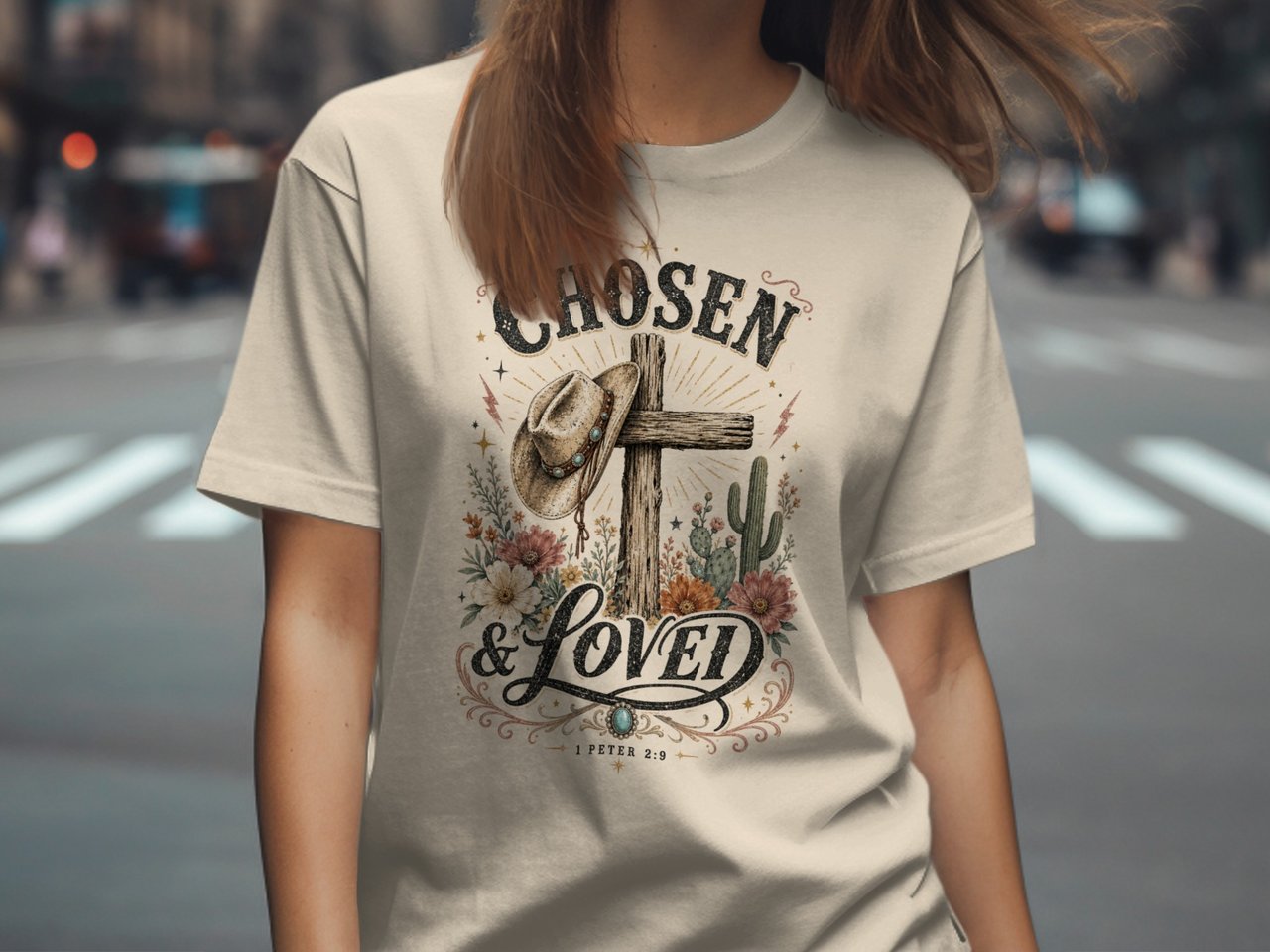 Chosen & Loved Western Christian T-Shirt | Boho Cowgirl Faith Tee, Rustic Cross Scripture 1 Peter 2:9 Top