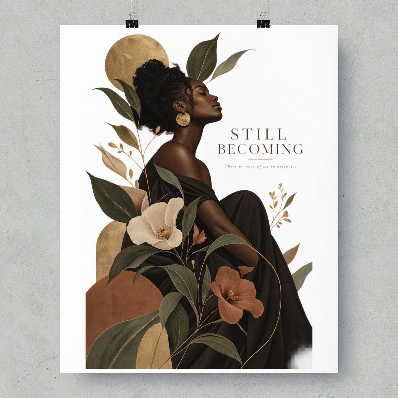 Black Woman Wall Art Poster, Still Becoming Botanical Framed Poster, Afrocentric Self Love Print, Neutral Boho Affirmation Decor