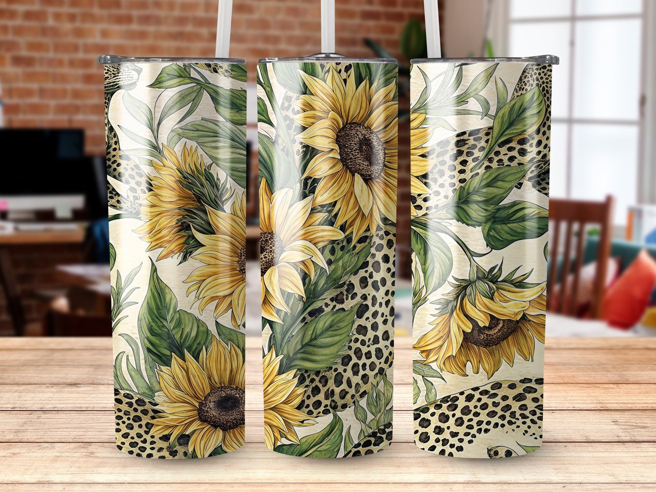 Sunflower Leopard 20oz Tumbler Wrap PNG, Floral Animal Print Tumbler Design, Digital Download Tumbler Design, Sublimation Tumbler Design