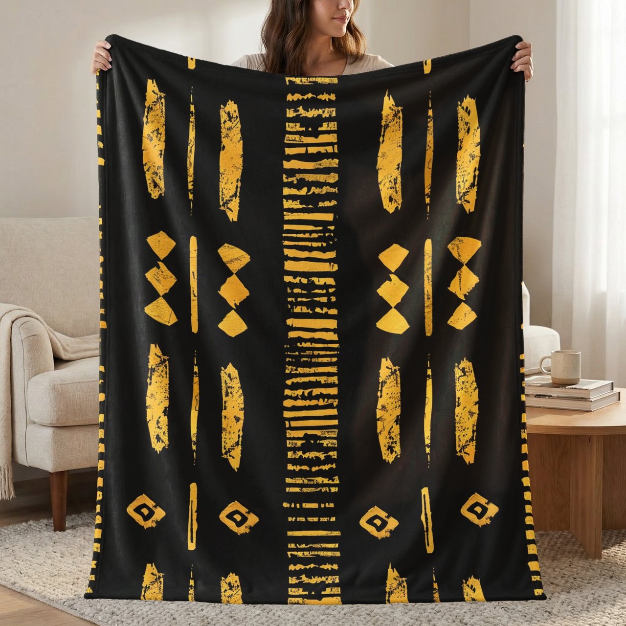 Gold Black Mud Cloth Velveteen Blanket, African Tribal Woven Blanket, Boho Abstract Art Throw Pillows, Ethnic Home Decor Gift