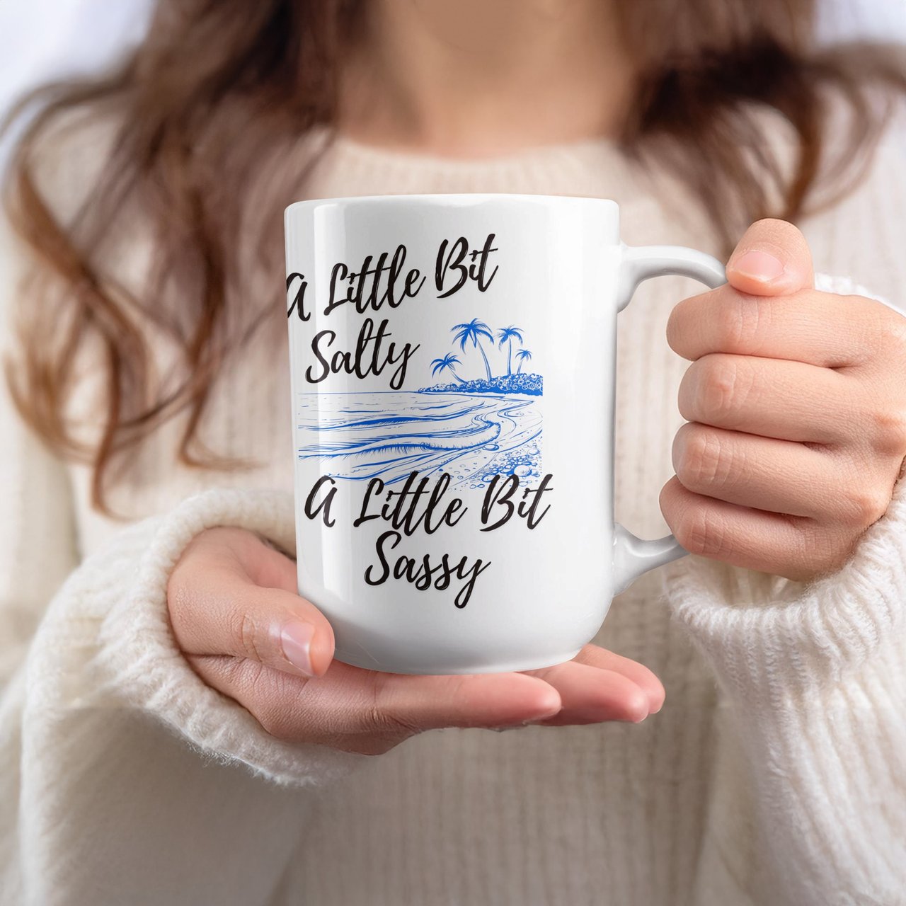 A Little Bit Salty Sassy Beach Mug, Palm Trees Vacation Mode Tropical Ocean Waves 