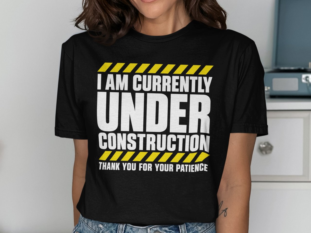 Under Construction Post Surgery Recovery Graphic Standard T-Shirts With Yellow Caution Stripes Print