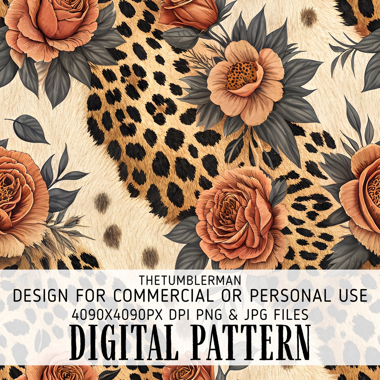 Digital Pattern, Leopard Print, Floral, Rose, Seamless Pattern, Digital Bundle, Fabric Design, Tumbler Wrap Design, Sublimation Design