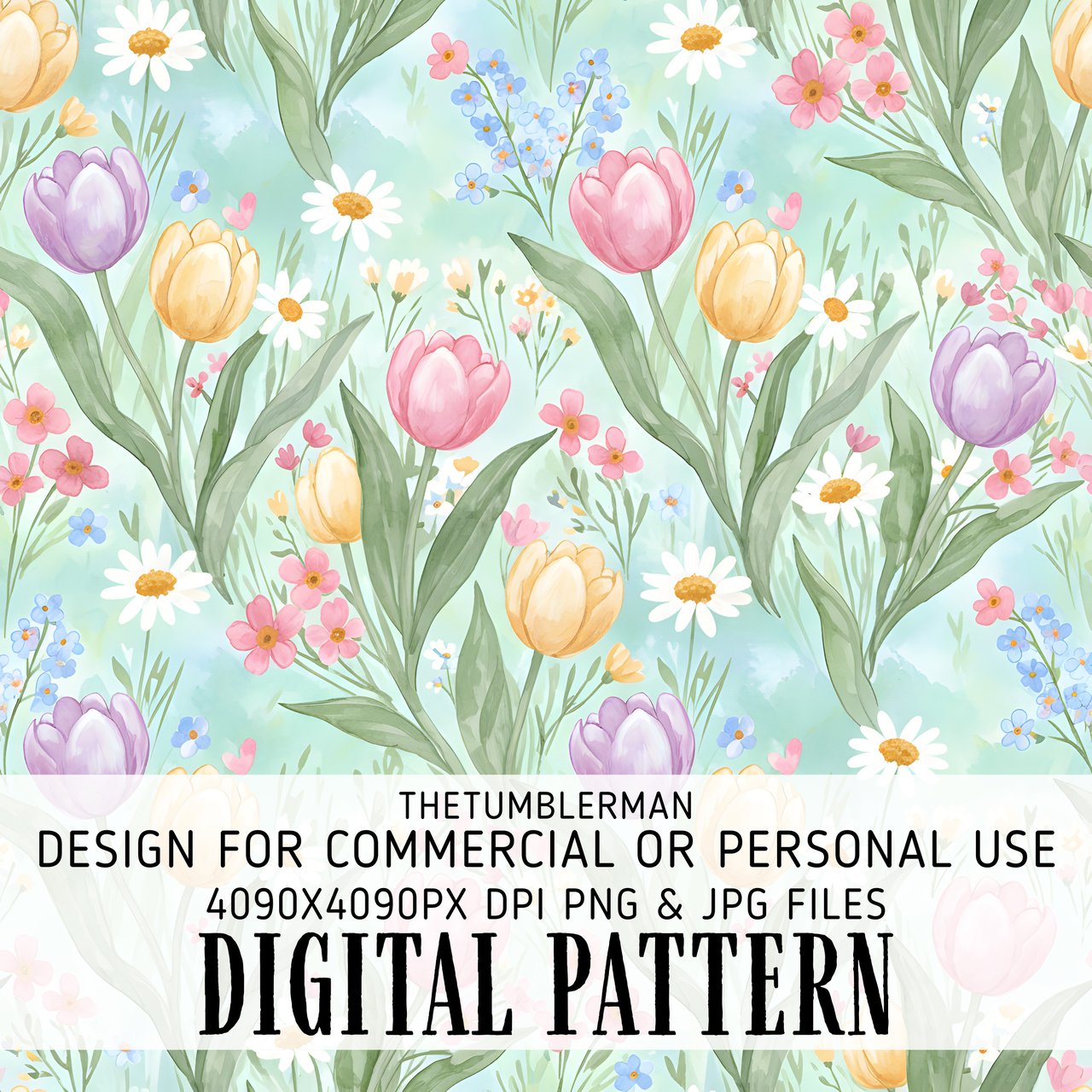 Digital Bundle Pattern, Floral Digital Paper, Seamless Floral Pattern, Watercolor Flower Pattern, Tulips, Daisies Digital, Commercial Use