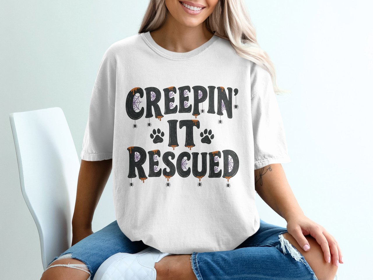 Creepin' It Rescued Halloween T-Shirt | Spooky Pet Lover Shirt | Dog Paw Print Tee | Funny Rescue Dog Top
