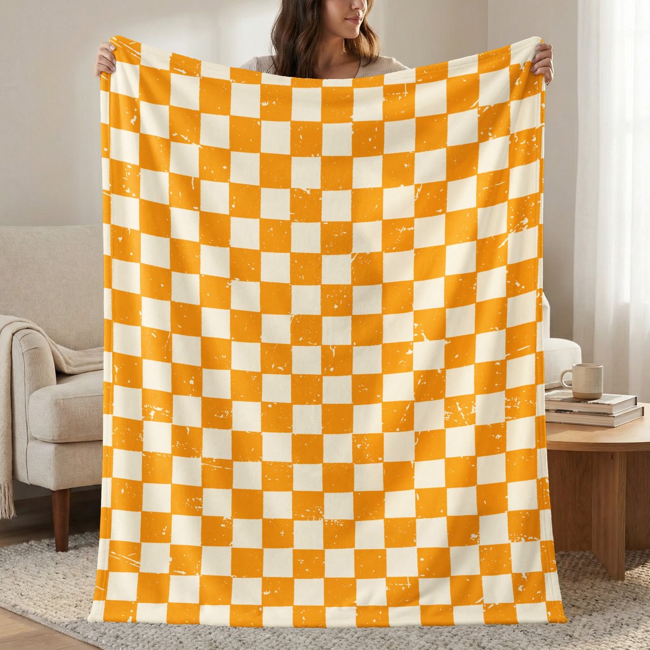 Distressed Orange Checkerboard Woven Blanket, Grunge Checkered Velveteen Blanket, Retro Indie Alt Throw Pillow Cover