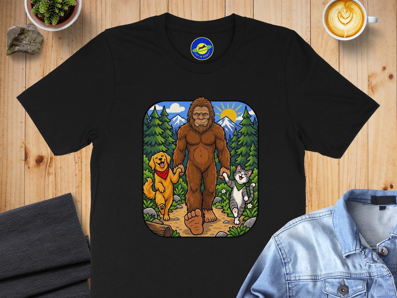 Big Foot Sasquatch becomes friends with a cat and a dog, funny t-shirt for lovers of cats, dogs and the outdoors.