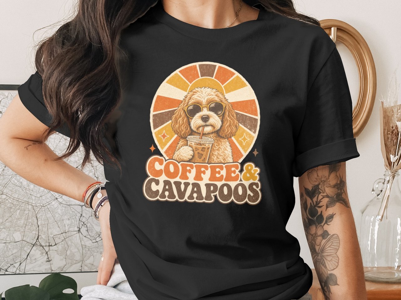 Retro Cavapoo Dog T-Shirt, Coffee & Cavapoos Tee, Vintage Sunshine Groovy Dog Mom Shirt, Iced Coffee Puppy Lover Gift, Boho Pet Owner Top