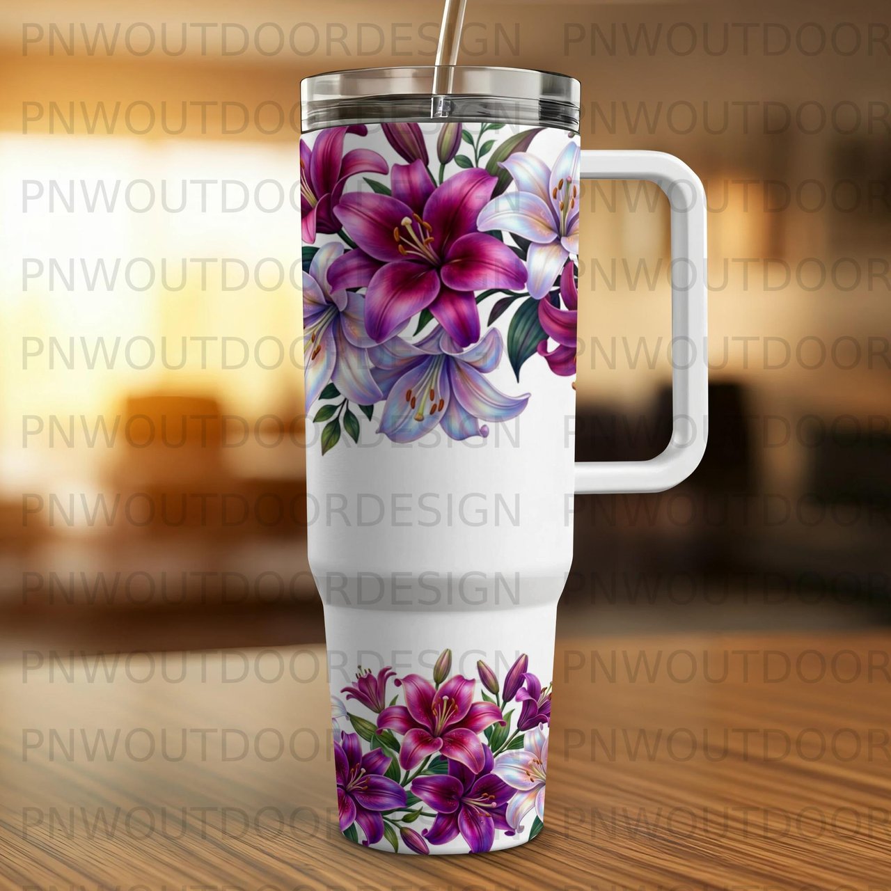 40oz Tumbler Sublimation PNG, Distressed Lily Floral Seamless Wrap, Purple White Flowers Mom Tumbler Design, Add Name, Digital Download
