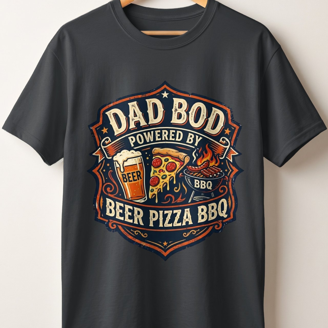 Dad Bod Powered By Beer Pizza BBQ T-Shirt | Funny Father's Day Gift for Him | Grill Master Vintage Graphic Tee | Husband Birthday Shirt