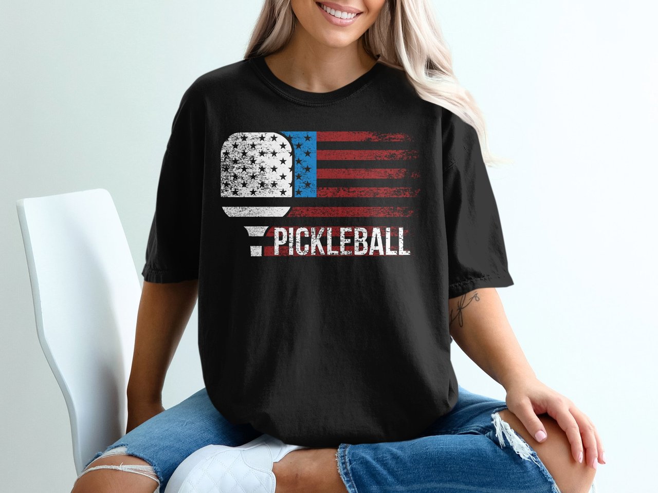 Pickleball Comfort Colors Shirt, PICKLEBALL Distressed USA Flag, Vintage Patriotic Court Graphic Tee