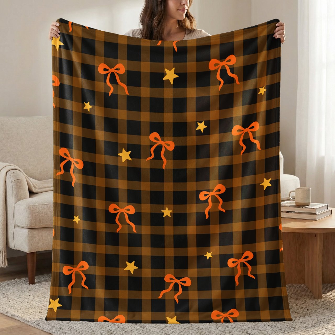 Cozy Plaid Bow Velveteen Blanket, Rustic Autumn Star Pattern Throw Pillow, Fall Woven Blanket, Halloween Home Decor Gift