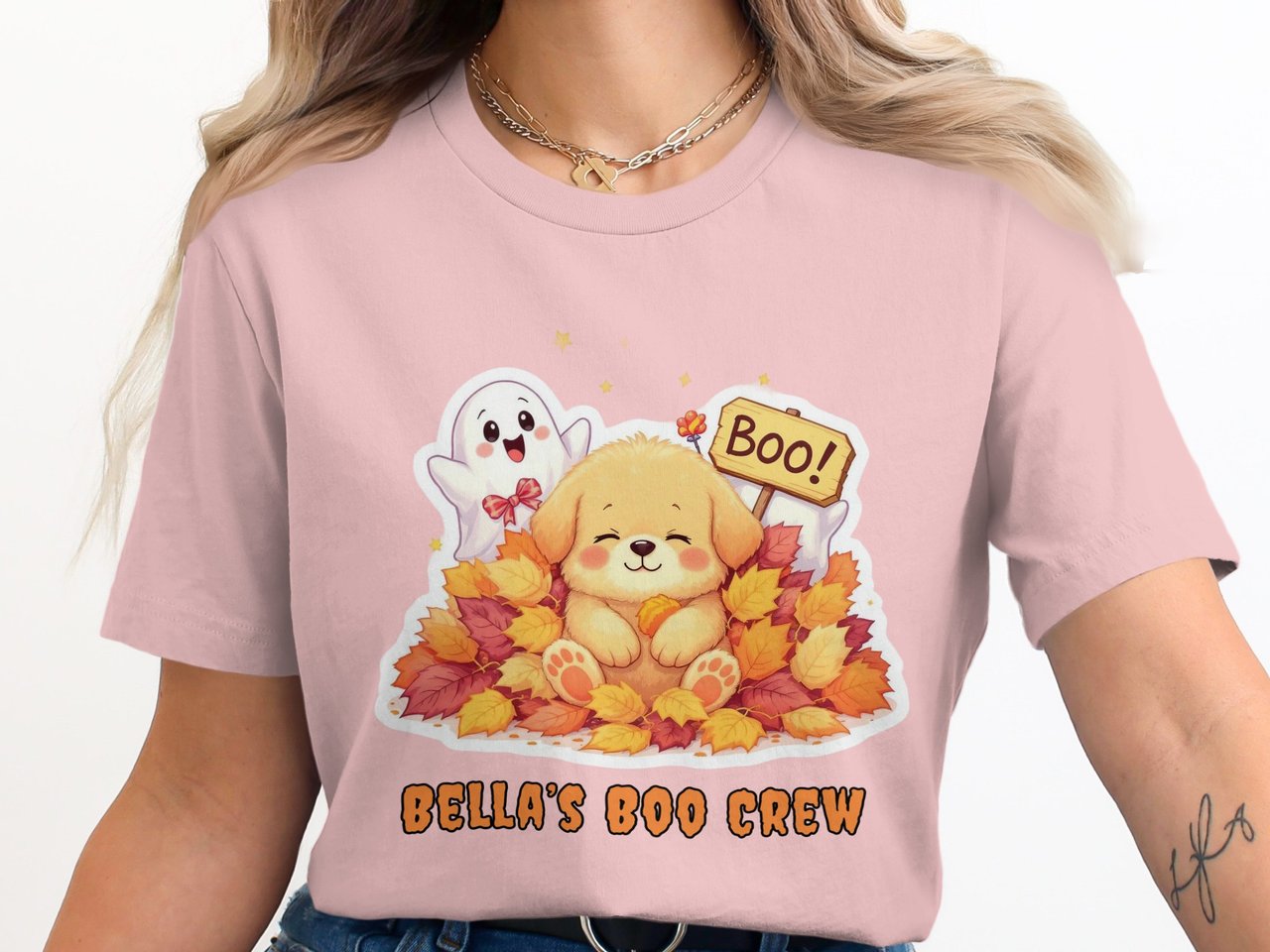 Cute Puppy and Ghost Autumn Leaves Sweatshirt, Fall Seasonal Dog Kids Adult Halloween Top, adult and kid size t-shirts