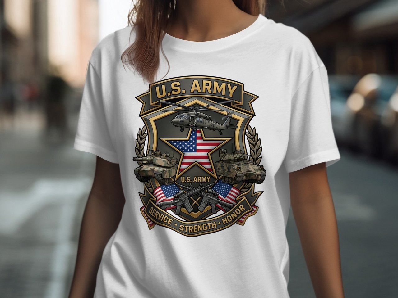 U.S. Army T-Shirt with Faux Gold Effect Military Crest Design, Patriotic Veteran Gift for Service Members and Families