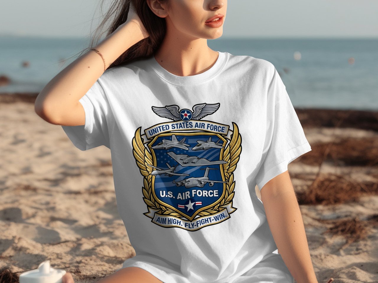 US Air Force Emblem T-Shirt, Military Aircraft Veteran Tee, Patriotic Aim High Fly Fight Win USAF Graphic Shirt, American Pride Gift