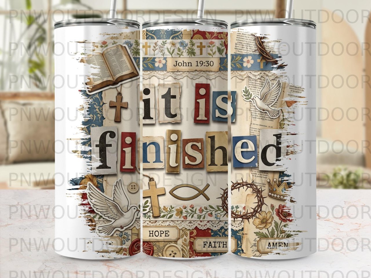 It Is Finished John Scripture Christian Tumbler PNG | Religious Faith Sublimation Design 20oz Skinny Tumbler Digital File