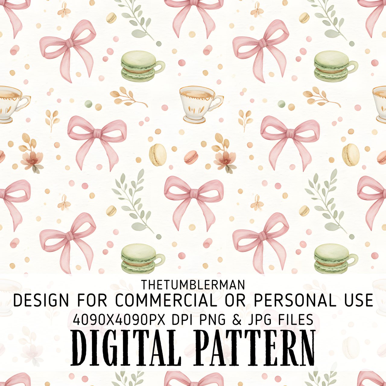 Digital Bundle, Pink Bow Pattern, Watercolor Teacup, Macarons, Digital Pattern, Commercial Use, Digital Scrapbooking, Party Decor, Digital