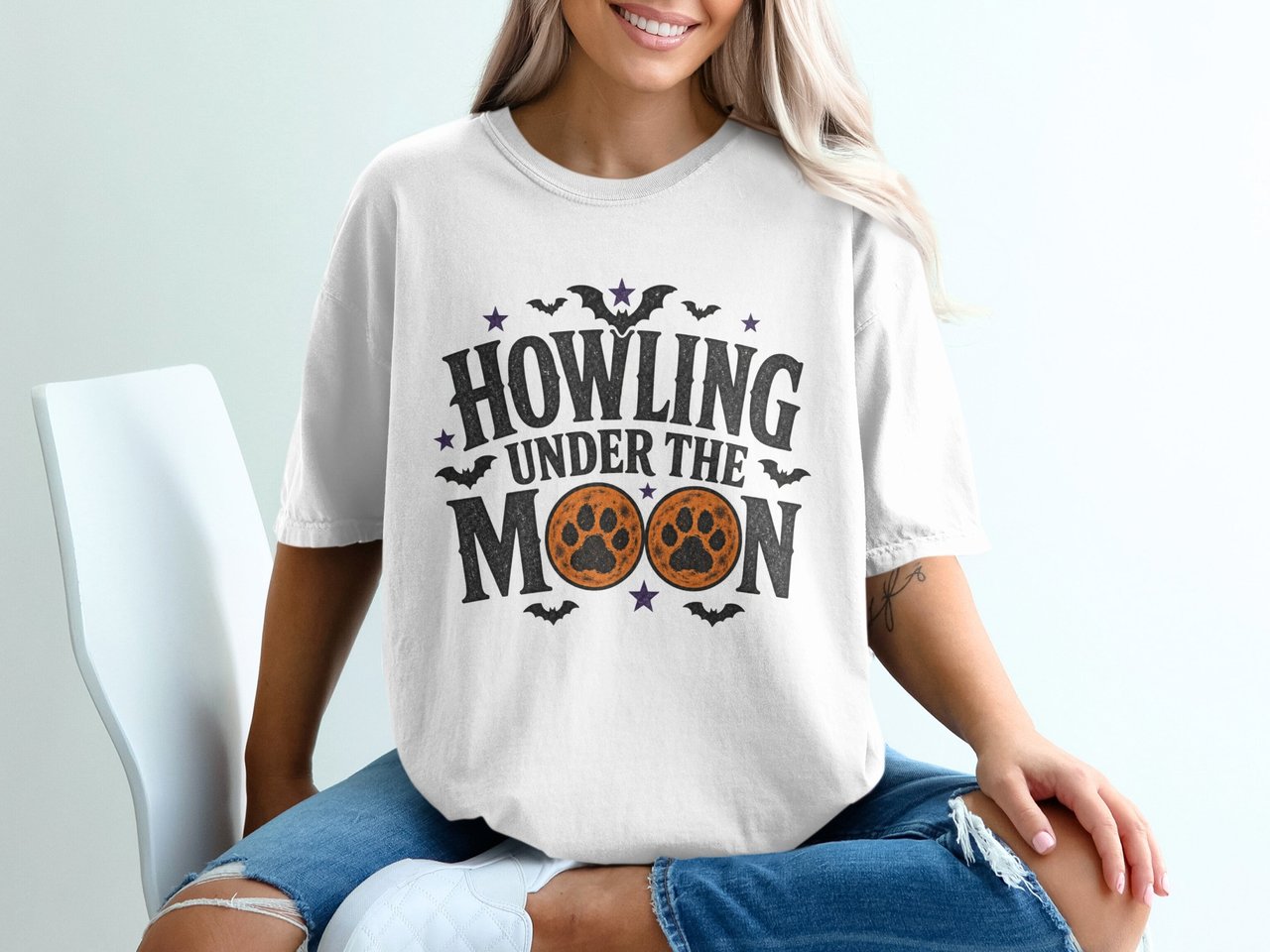 Howling Under The Moon T-Shirt, Spooky Season Tee, Halloween Dog Lover Shirt, Vintage Bat & Paw Print Top