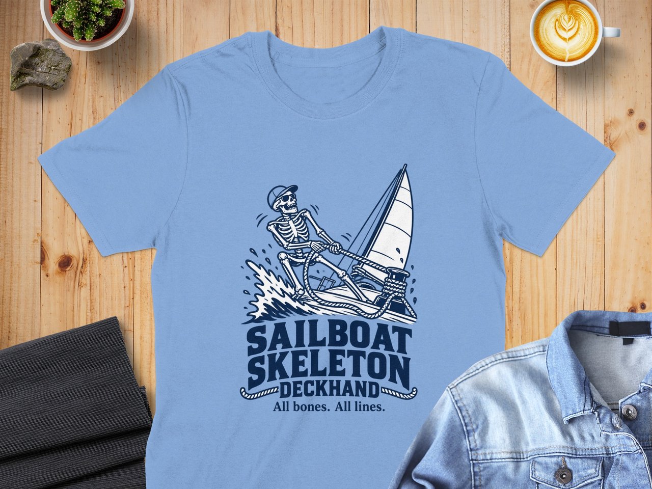 Sailboat Skeleton Deckhand Nautical Sailing Graphic Ocean Waves Crewneck Sweatshirts All Bones All Lines