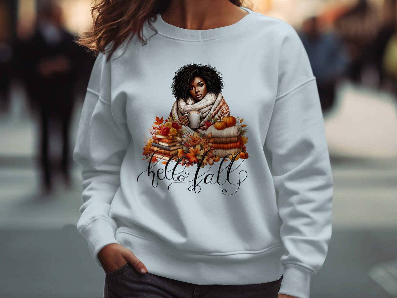 Fall Sweatshirt Hoodie: Black Woman, Books, Autumn Leaves Design, Cozy