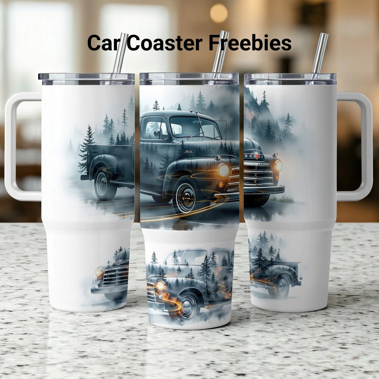 Vintage Truck 40oz Tumbler Wrap Sublimation Design, Classic Car Forest Mist PNG Digital Download for Men, Rustic Trucker Gift