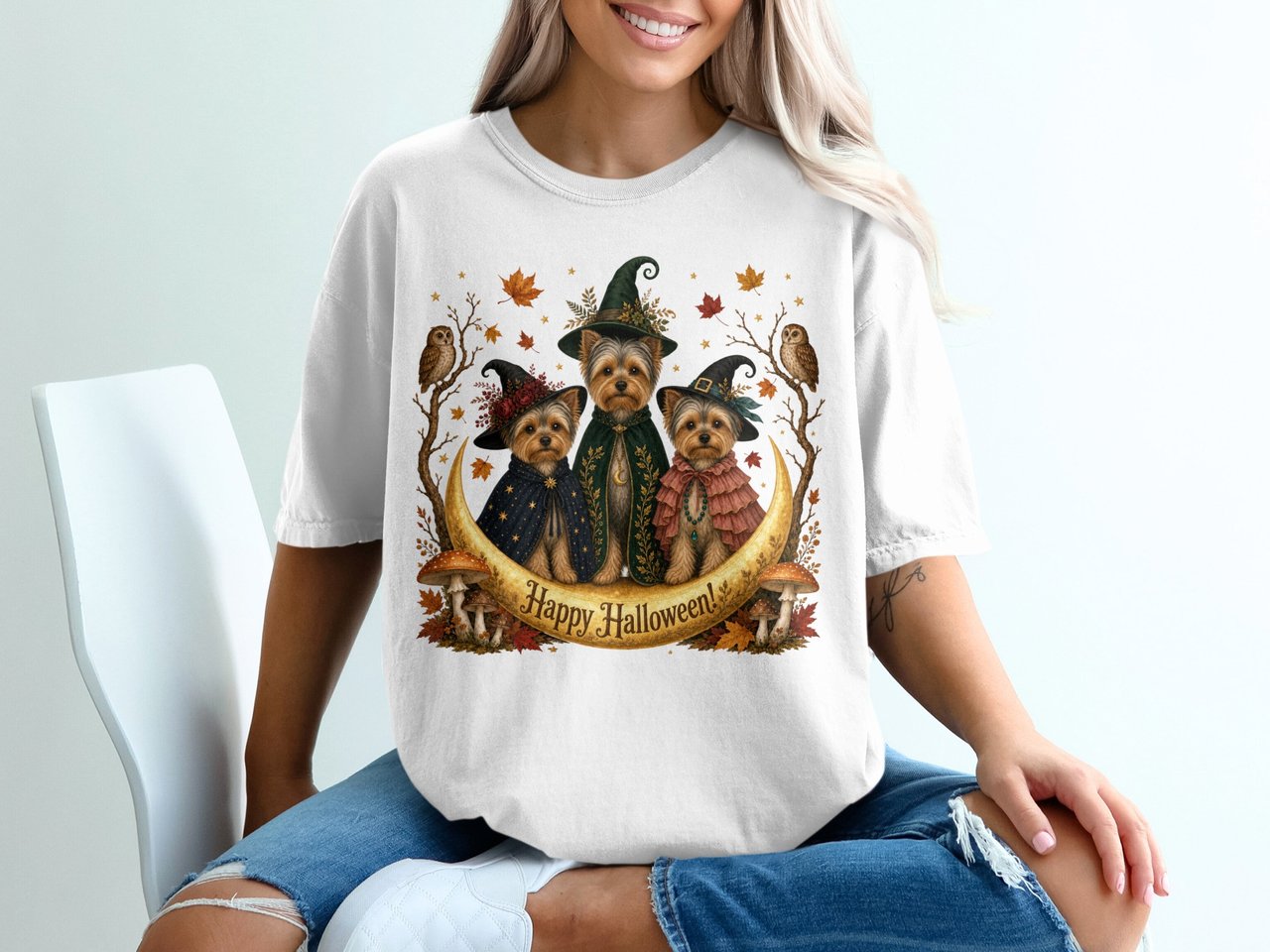 Adorable Yorkie Halloween T-Shirt, Witchy Dog Lover Gift, Cute Pet Mom Tee, Spooky Season Fall Shirt, Autumn Moon Dogs