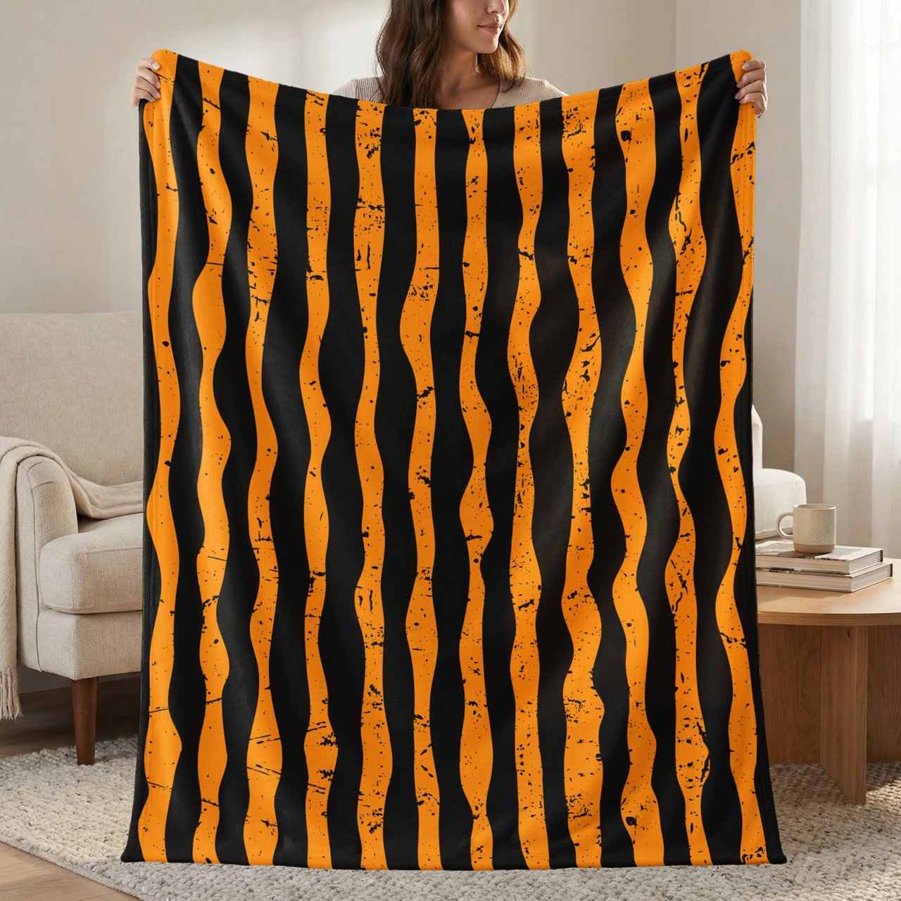 Distressed Orange Black Stripe Velveteen Blanket | Spooky Halloween Woven Throw Pillow | Grunge Fall Decor Gift