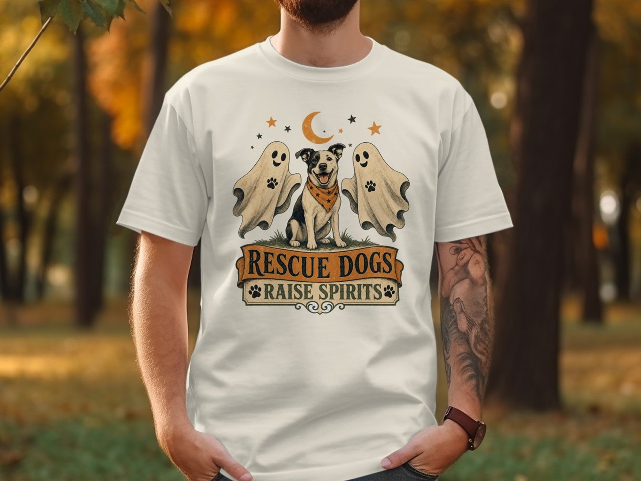 Rescue Dogs Raise Spirits T-Shirt, Vintage Halloween Dog Lover Tee, Spooky Cute Ghost Pet Owner Gift, Fall Dog Mom Shirt