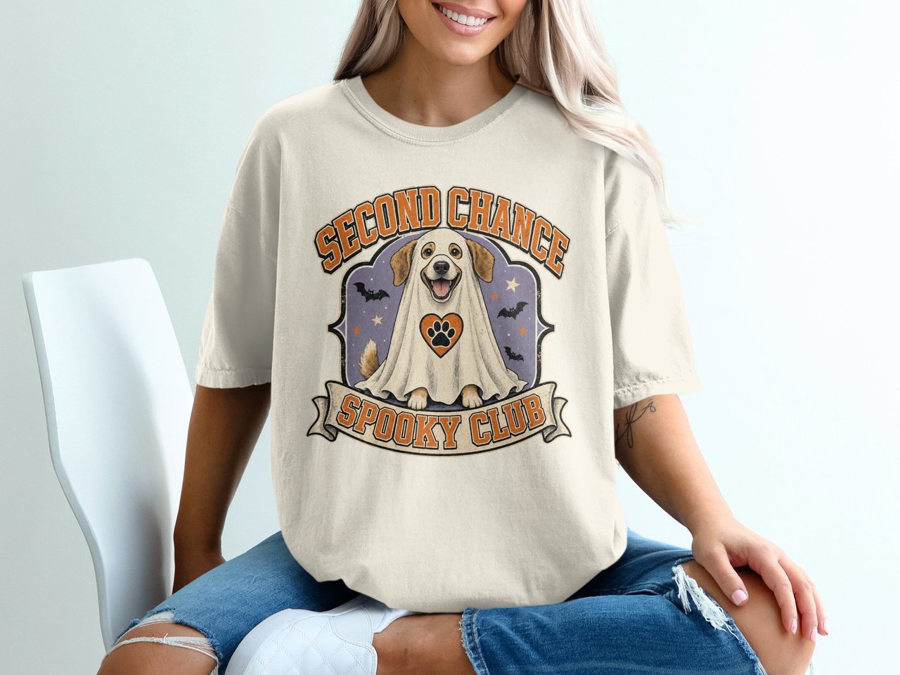 Second Chance Spooky Club Dog Ghost T-Shirt, Vintage Halloween Puppy Tee, Pet Lover Fall Season Shirt, Adopt Don't Shop Gift
