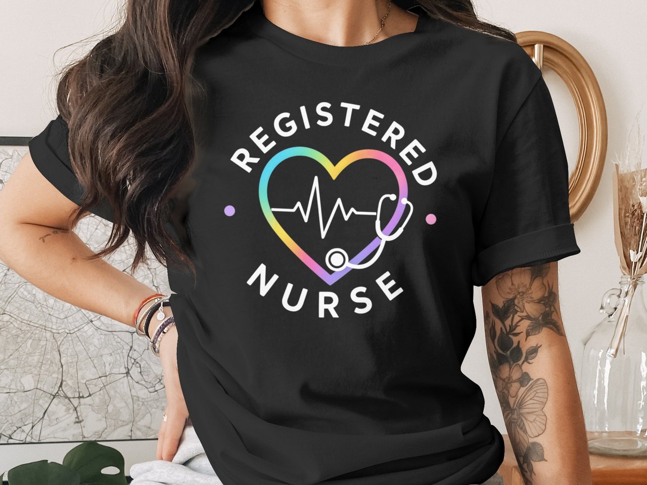 Registered Nurse T-Shirt: Watercolor Heart, Stethoscope, RN Nursing Tee