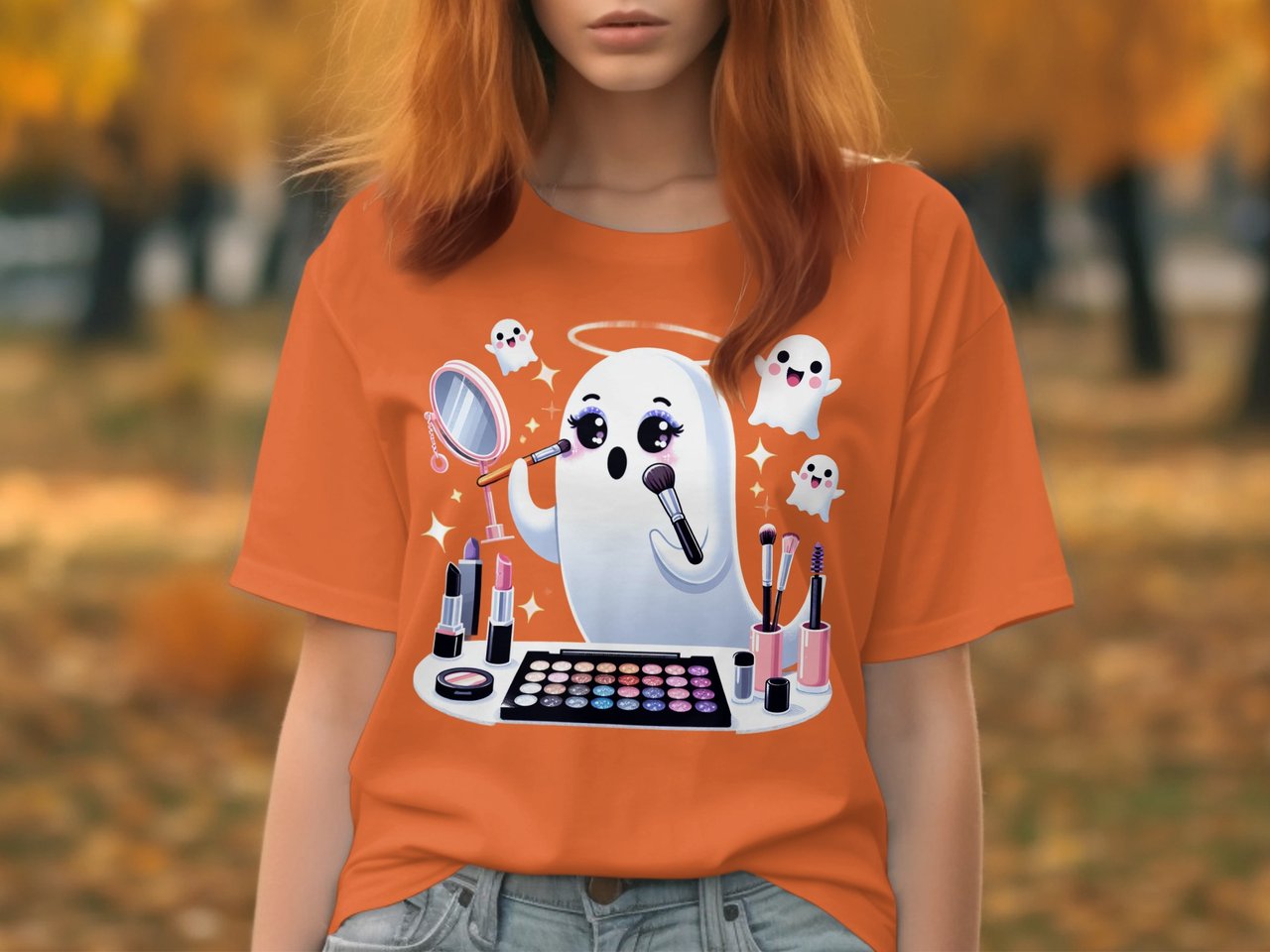 Cute Ghost T-Shirt, Spooky Glam, Halloween T-Shirt, Makeup Ghost, Ghost With Halo, Kawaii Tee, Halloween Shirt, Funny Ghost Tee