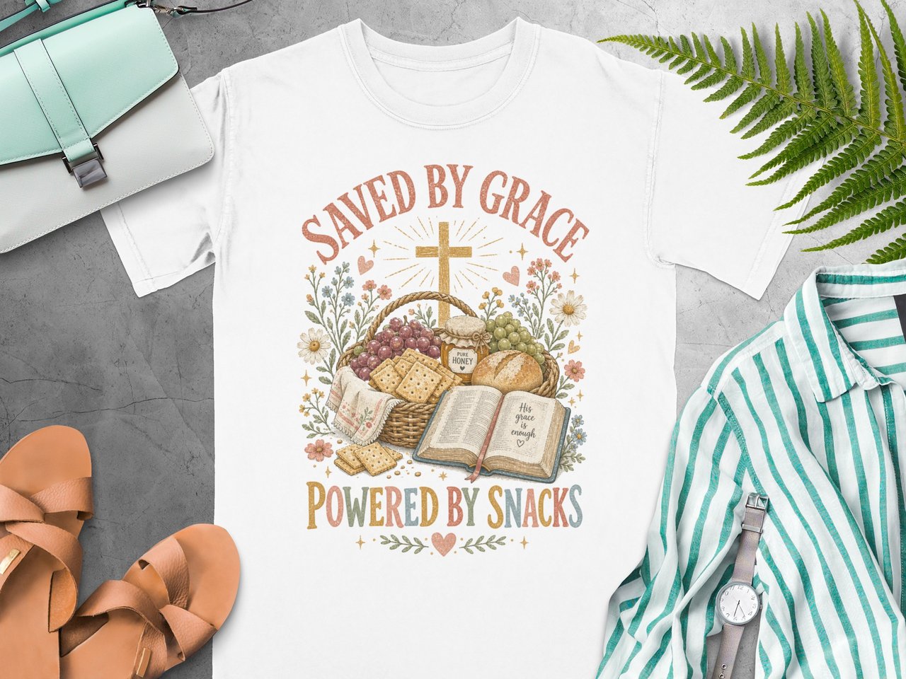 Saved By Grace Powered By Snacks T-Shirt, Christian Faith Shirt, Scripture Bible Verse Tee, Whimsical Cottagecore Jesus Foodie Gift for Her