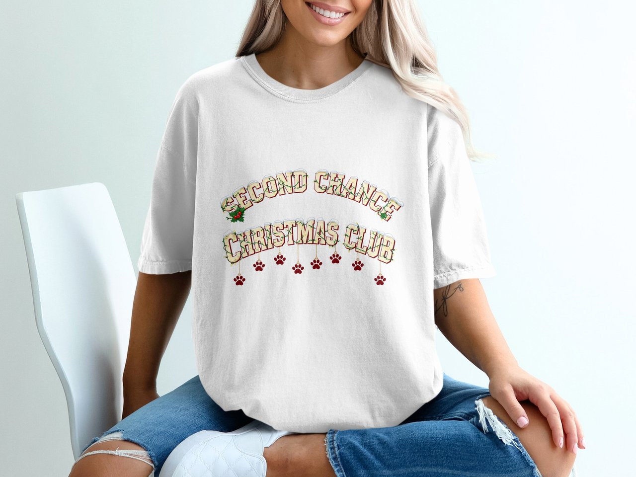 Second Chance Christmas Club T-Shirt | Festive Pet Adoption Tee | Rescue Dog Mom Holiday Shirt with Paw Prints & Snow Effect