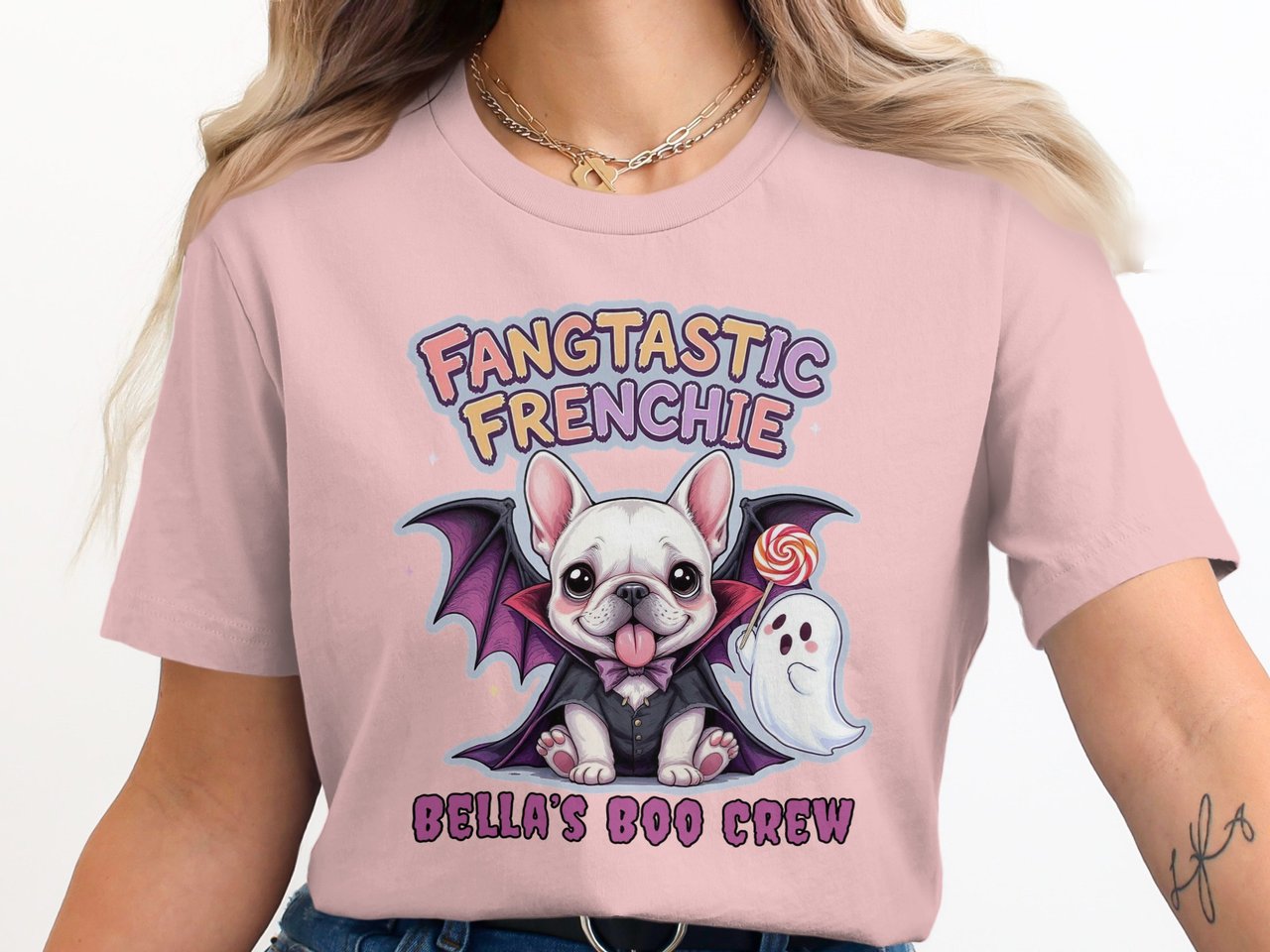 Fangtastic Frenchie Halloween Sweatshirt, Cute French Bulldog in Costume, Spooky Ghost and Lollipop Design, adult and kid size t-shirts