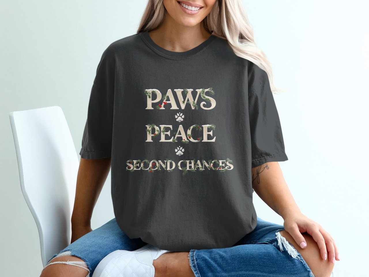Paws Peace Second Chances T-Shirt | Festive Dog Lover Gift | Christmas Pet Rescue Tee | Winter Holiday Adopt Don't Shop Animal Advocate