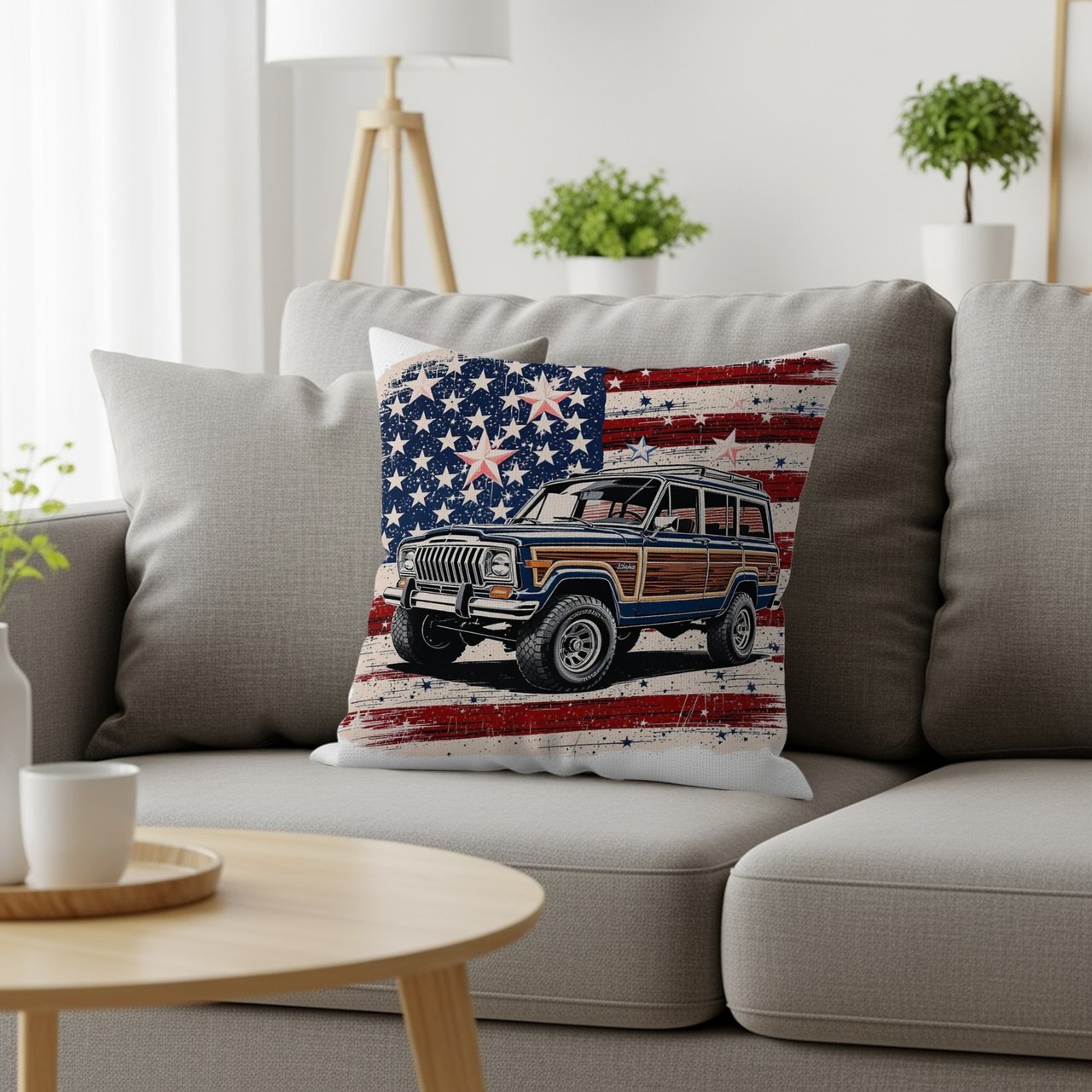 Grand Wagoneer Pillows, Waggy American Flag, Patriotic Car Pillow Cases, Off Road SUV Decor, Classic Wood Grain Truck, Gifts for Car Lovers