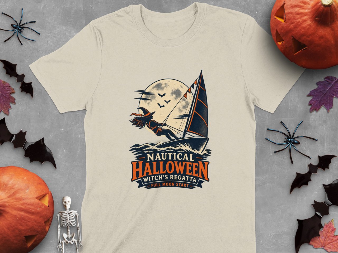 Nautical Halloween Witchs Regatta Full Moon Start Sailboat Graphic Sailor Ocean Wave Crewneck Sweatshirts