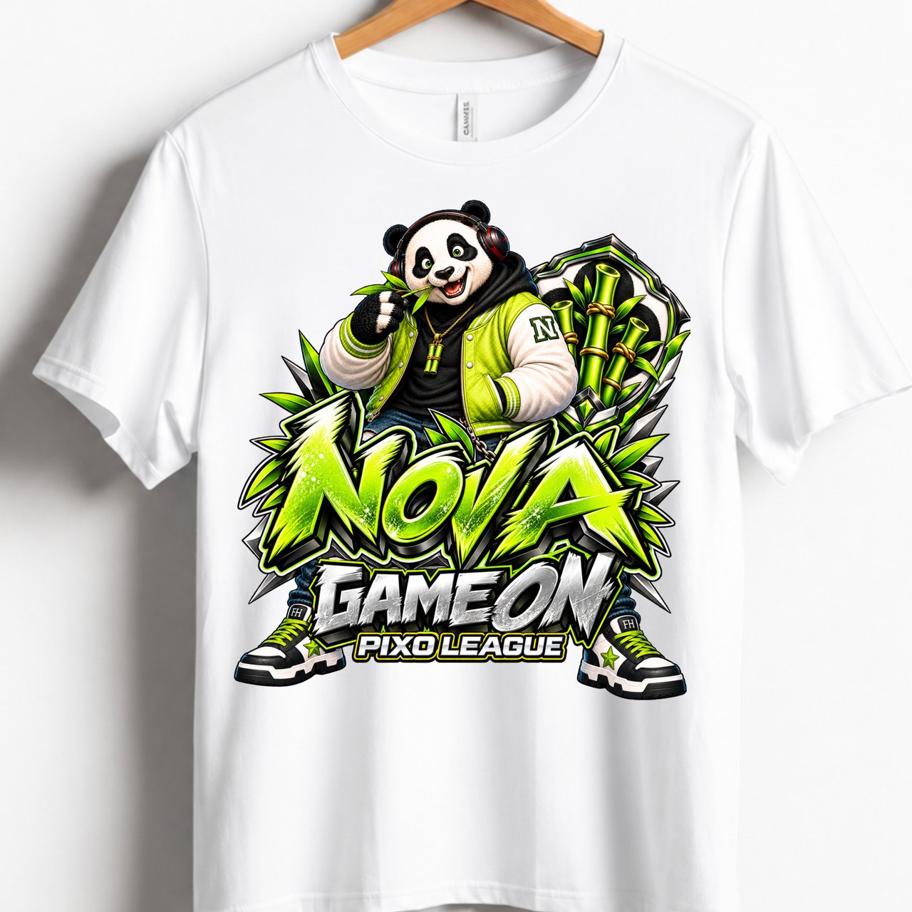 Panda Gaming T-Shirt for Kids, Nova Game On Youth Gamer Tee, Neon Green Panda Graphic Shirt, Pixo League