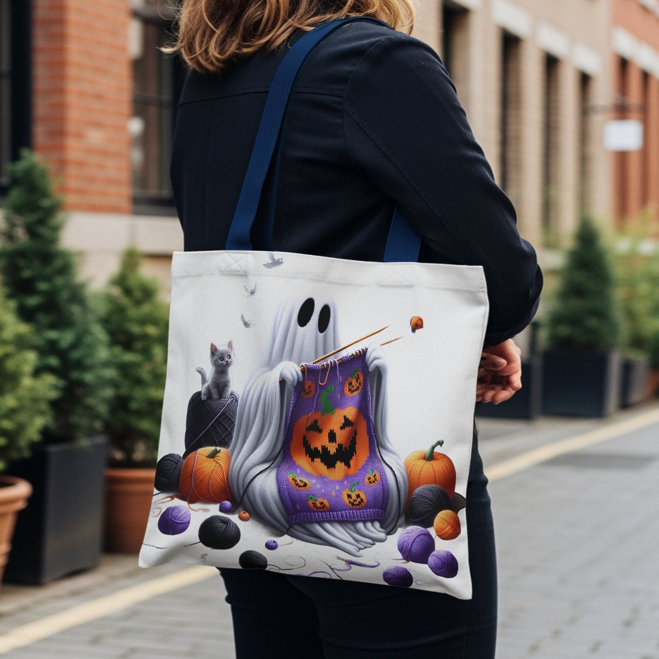 Halloween Tote Bag Ghost Knitting Pumpkin Tote, Cute Kitten, Spooky Season, Halloween Party Favor, Trick or Treat Bag, Fall Decor, Tote Bag