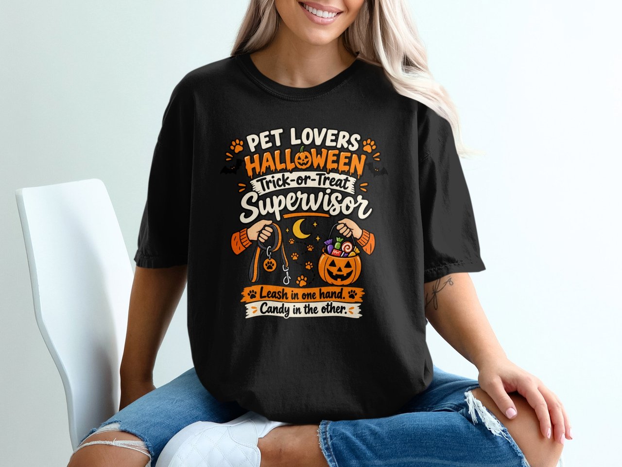 Pet Lovers Halloween Trick Or Treat Supervisor Dog Leash Candy Graphic Standard T Shirts