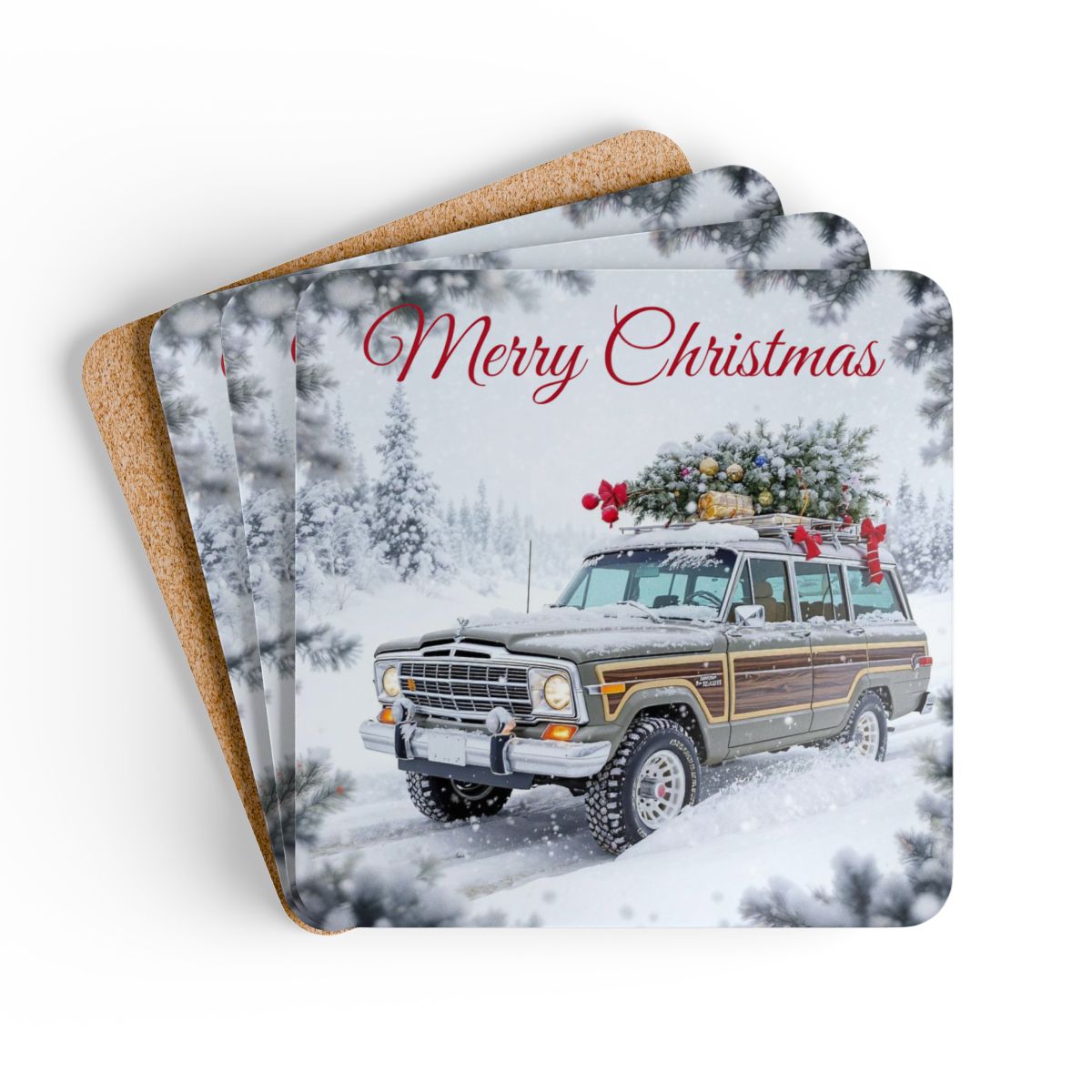 Grand Wagoneer Corkwood Coaster Set, Christmas Tree Car Coasters, The Waggy Art, Classic Car Gifts, Car Lover Coasters, Automotive Coaster