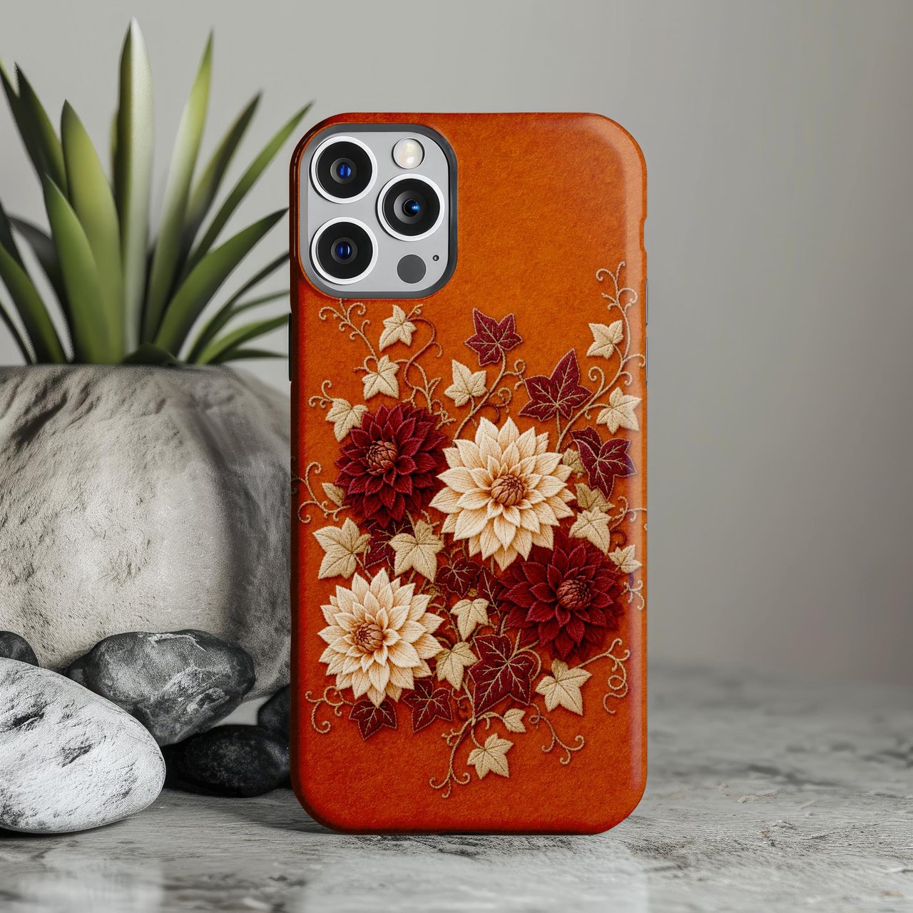 Embroidered Floral Tough Phone Case, Fall Botanical Dahlia Cover, Rustic Burnt Orange Cottagecore Flower Phone Case, Gift for Her