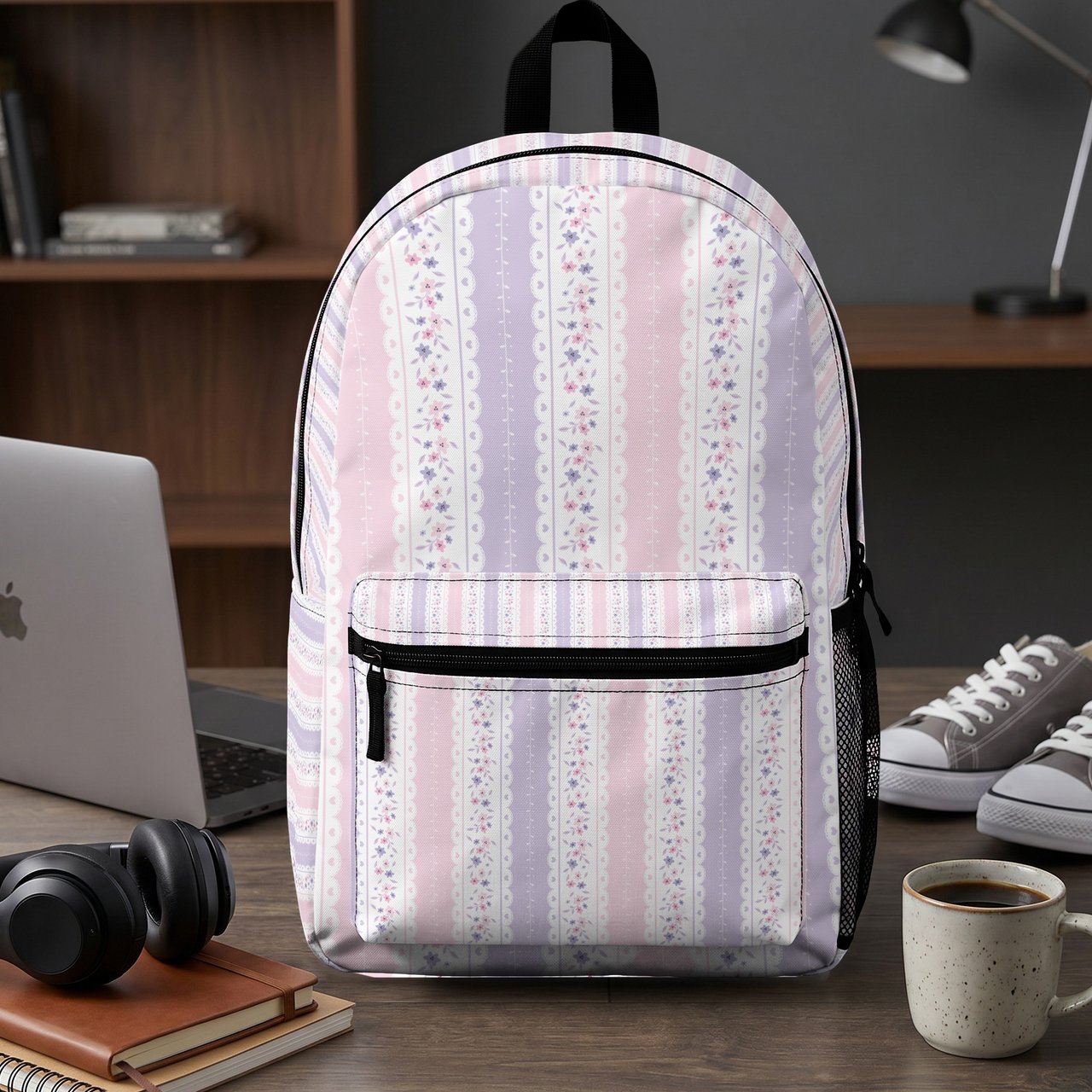 Charming Pastel Floral Stripe Backpack, Spiral Notebook, or Accessory Pouch | Kawaii Cottagecore Aesthetic